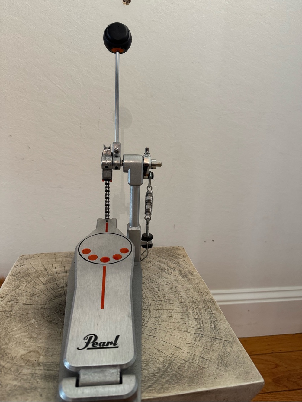 Pearl Silver Bass Drum Pedal with Orange Accents and Black Beater